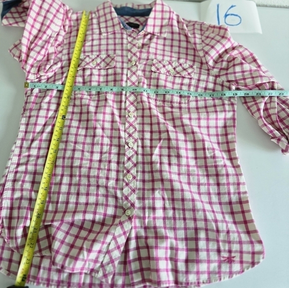 Talbots Shiry Womens Sz PM Pink White Plaid Button Up Minimalist Roll Tab Sleeve - Picture 10 of 10
